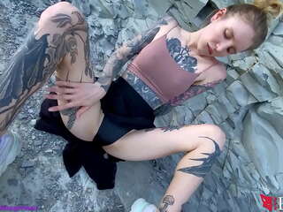 Tattooed teenager Fingering Pussy by the Sea - Outdoor