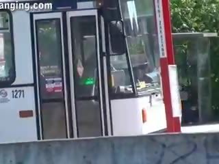 Fantastic risky public adult film threesome orgy by a tram stop part II